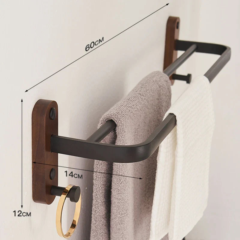 Toalheiro de nogueira sem perfurador, prateleira de banheiro, organizador de armazenamento de parede, suporte de toalha de banho, acessórios de banheiro