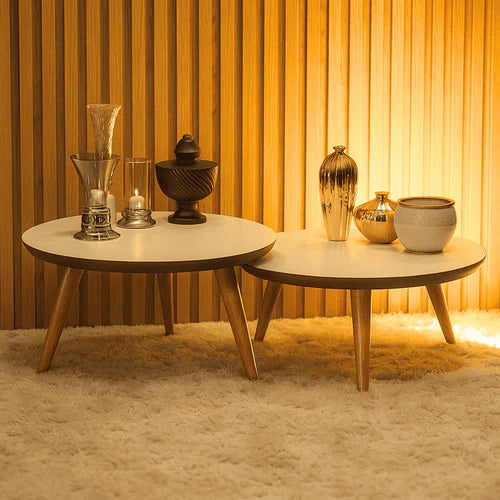 Kit 2 Mesas de Centro Para Casa Sala De Estar Decorativa Redonda Com Pés Palito Madeira